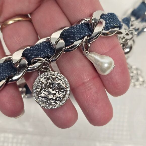 Christian Siriano C Wonder Denim Silver Chain Charms Waist Hips Boho Belt NWT main image 9
